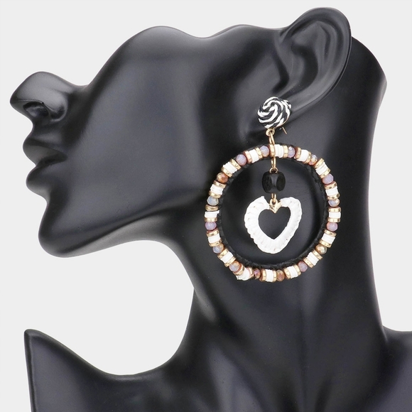 Black & White Straw Heart Heishi Beaded Dangle Pendant Open Circle Hoop Earrings - Picture 2 of 2